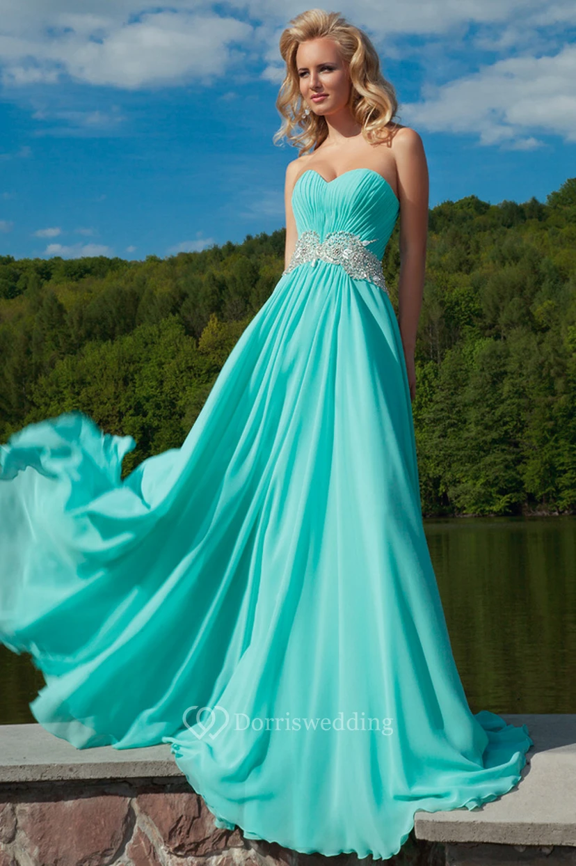 Sweetheart Ruched Floor-Length Sleeveless Chiffon Prom Dress With Waist Jewellery