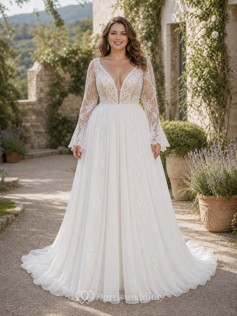Bohemianisches A-Linien-Brautkleid aus Tüll, bodenlang, langärmelig, rückenfrei und gerafft view 4