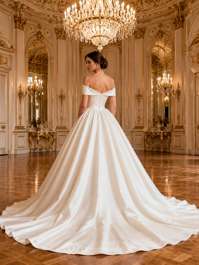 Minimalist Satin Wedding Dress Ball Gown Off Shoulder Chapel Train Bridal Gown view 2