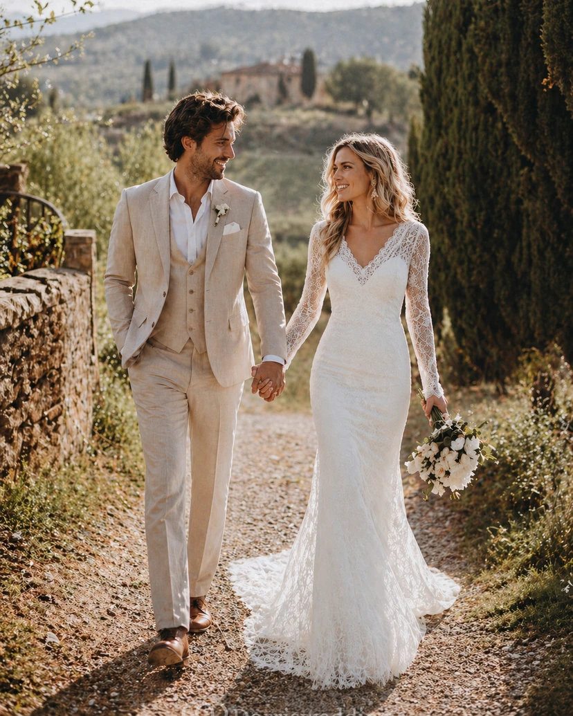 Satin-Brautkleid, bodenlang, mit Kapellenschleppe, figurbetont, langärmelig, Vintage-Stil video preview