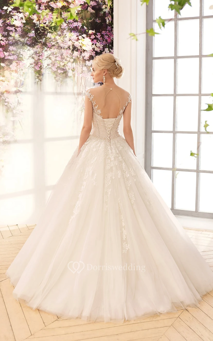 Ball Gown Floor-Length V-Neck Cap-Sleeve Corset-Back Lace Dress With Appliques view 2