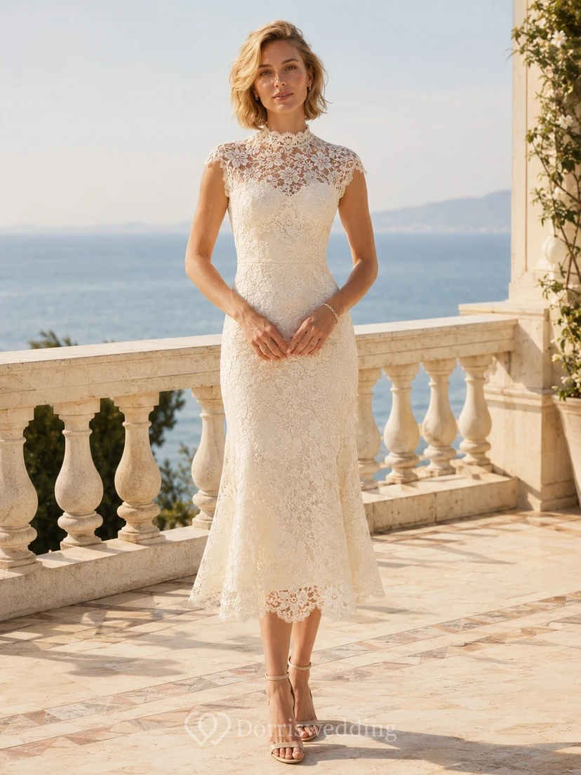 Ivory Floral Lace Jewel Neck Cap Sleeve Tea-length Formal Guest Dress