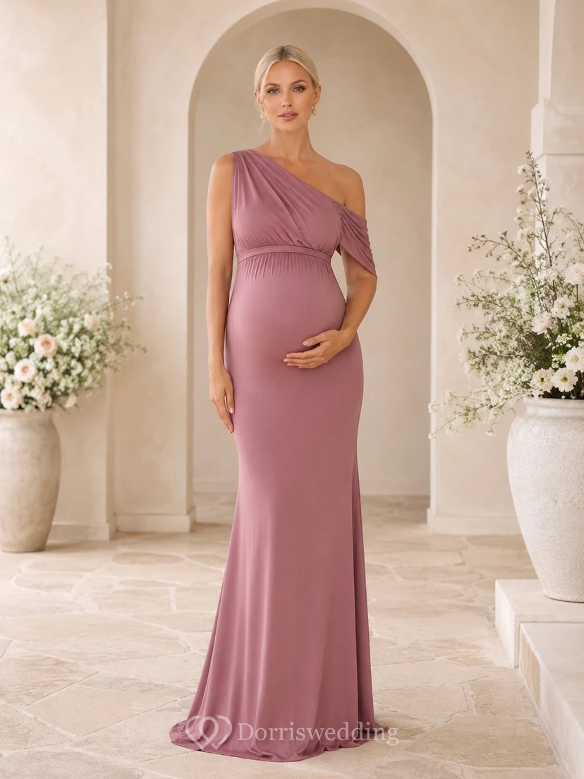 Vestido de maternidad largo hasta el suelo, estilo sirena, de satén drapeado, jersey elástico color malva vintage, un solo hombro y sin mangas.