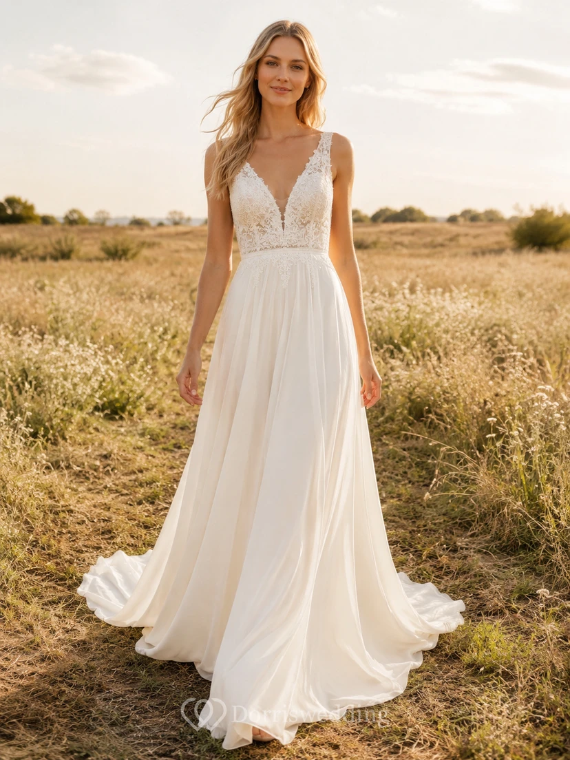 Beach Chiffon Tulle Wedding Dress A-Line V-Neck Sleeveless Floor Length Bridal Gown