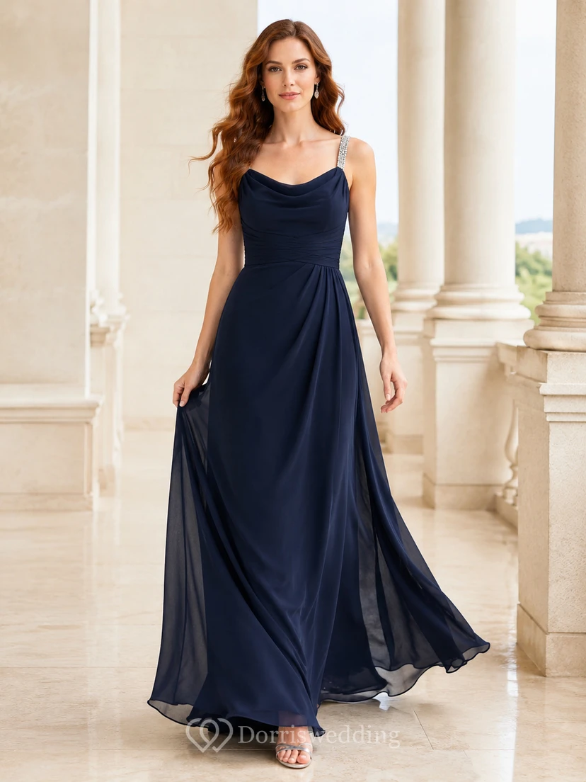Dark Navy Crystal Strap Chiffon A Line Evening Dress