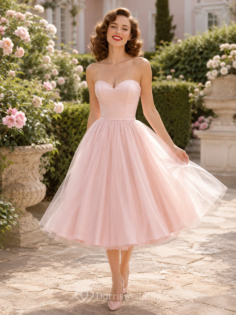 Princess Blush A-Line Tea-length Strapless Sleeveless Tulle Romantic Vintage Cocktail Guest Garden Dress