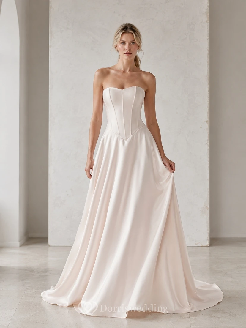 Vestido de novia formal con escote halter, corte recto, drapeado y cola larga.