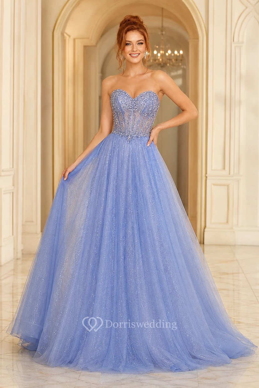 Himmelblaues, trägerloses Tüll-Ballkleid mit perlenbesetztem Spitzenoberteil