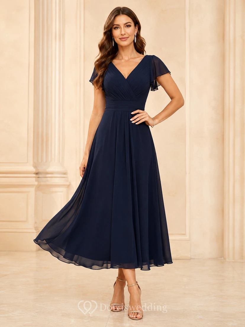 Vestido de noche formal largo hasta los tobillos, de gasa plisada, con escote en V, mangas tipo pétalo y cuello en V, color azul marino oscuro.
