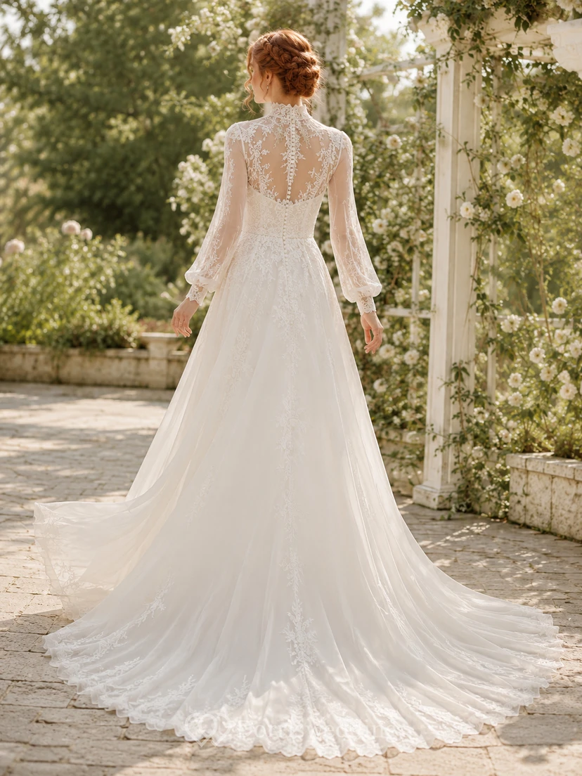 Robe de mariée champêtre en dentelle et tulle, col montant, manches longues, coupe trapèze, traîne chapelle, ornée d'appliqués floraux. view 2