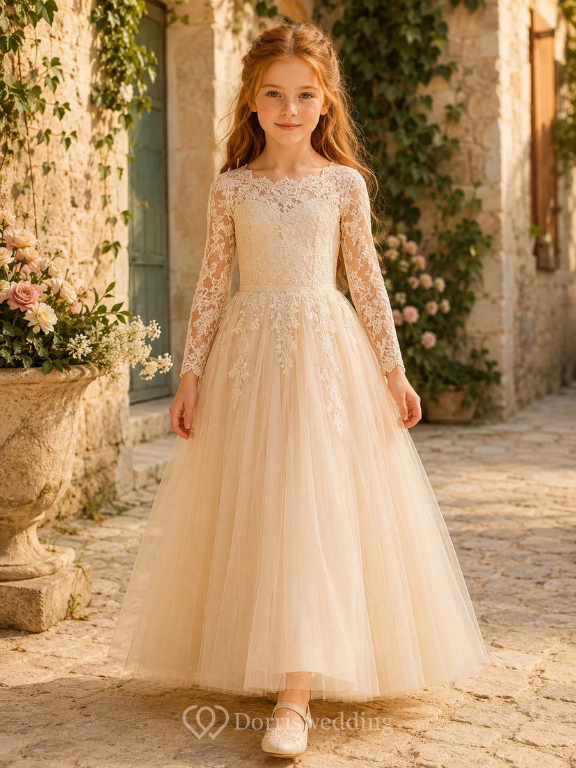 Floor-Length Tulle with Lace Bodice A-Line Flower Girl Dress with Short Sleeves, Jewel Neck and Floor-Length Skirt