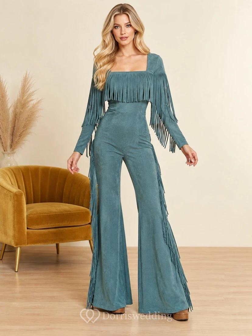 1970s Long Sleeve Peacock Square Neck Fringe Flared Party Jumpsuit
