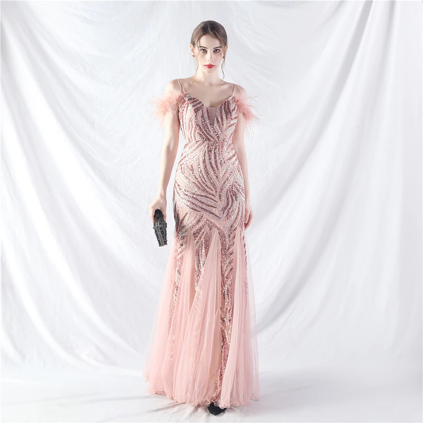 Crafted Ostrich Feather Stacked Sequins Splicing Mesh Gauze High-End Evening Dress Clothes view 34