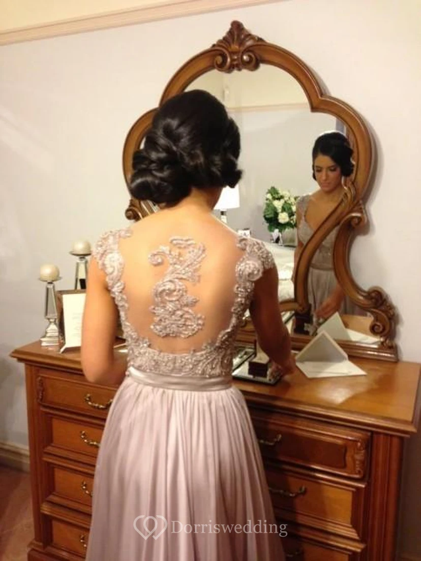 V-Neck Chiffon Lace Sequins Beads Cap Sleeves Dress view 2