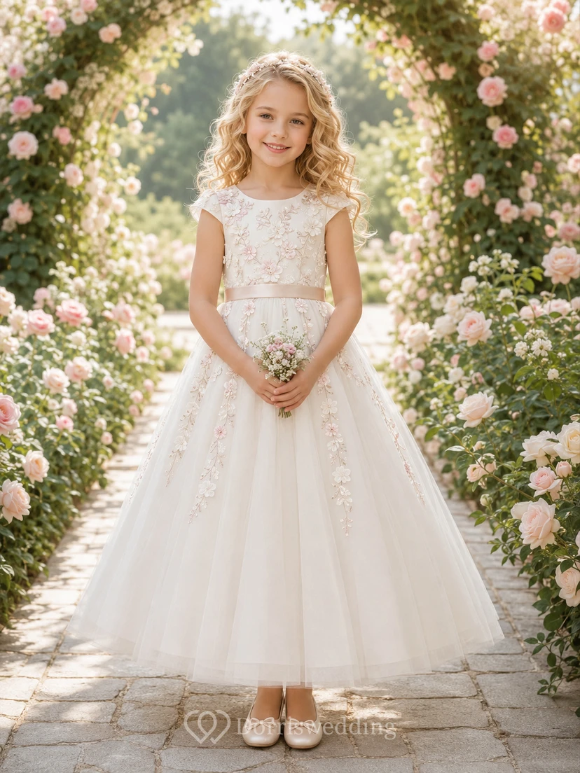 Blumenmädchenkleid Champagner Spitze Tüll A-Linie Rundhalsausschnitt Teelänge