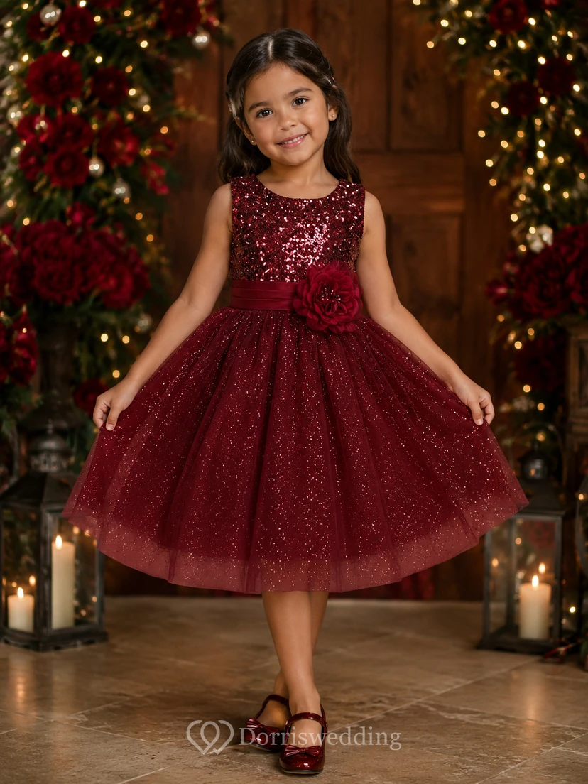 Sleeveless A-line Sequined Dress With Flower and Pleats view 7
