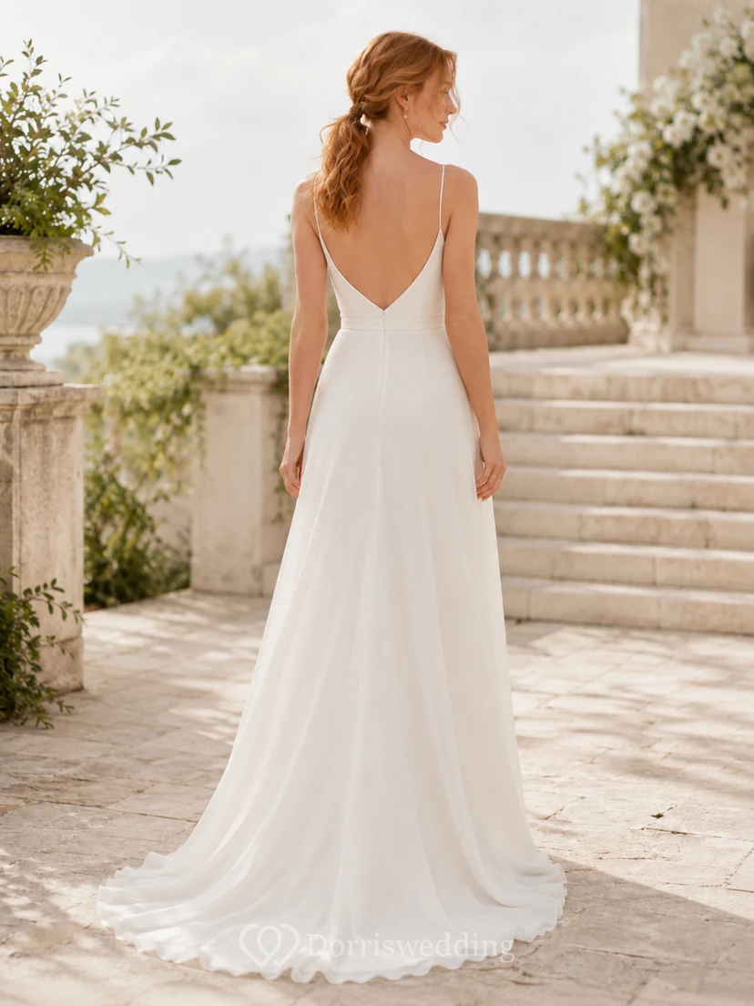 Chiffon Wedding Dress A-Line V-Neck Sleeveless Sweep Train Bridal Gown view 2