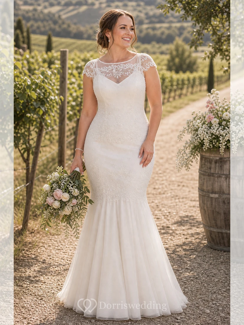 Vestido de novia maxi de encaje con escote redondo y mangas cortas con efecto ilusión. view 9