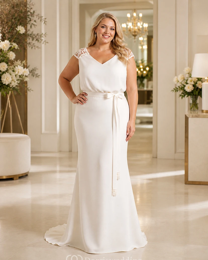 Elegantes Brautkleid aus Spitze mit kurzen Ärmeln und fließender Silhouette view 7