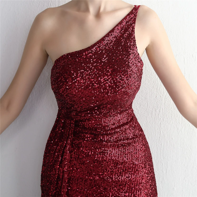 Sequined One-Shoulder Celebrity Cold Banquet Slit Long Sequin Aura Queen Dinner Fishtail Dress view 32