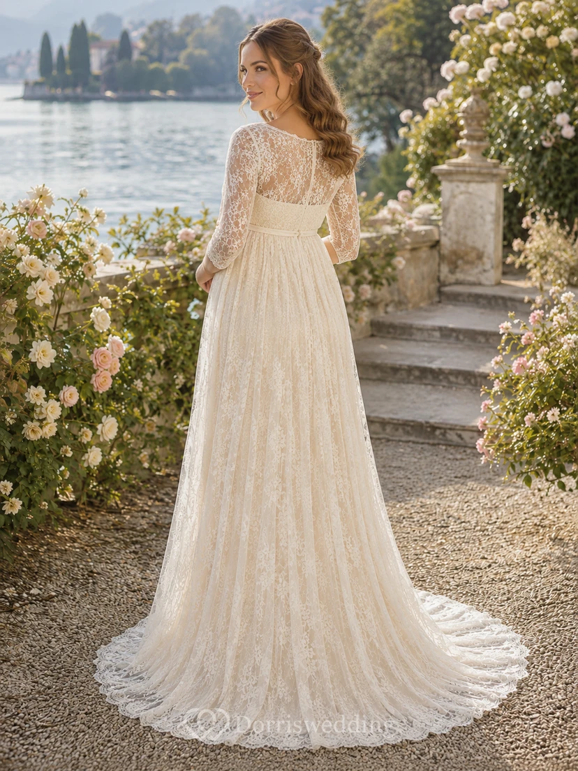Umstands-Hochzeitskleid mit langen Ärmeln, Spitze, U-Boot-Ausschnitt und Empire-Stil view 2