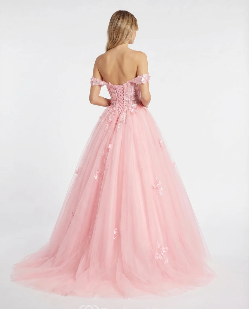 Zartrosa Ballkleid, schulterfrei, aus Tüll mit Spitzenapplikationen view 2