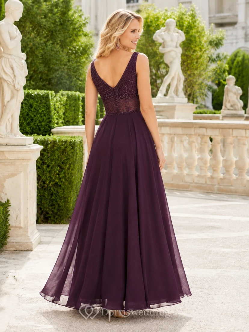 Plum V-Neck Sleeveless Chiffon A-Line Floor-length Sweep Romantic Bridesmaid Gown view 2
