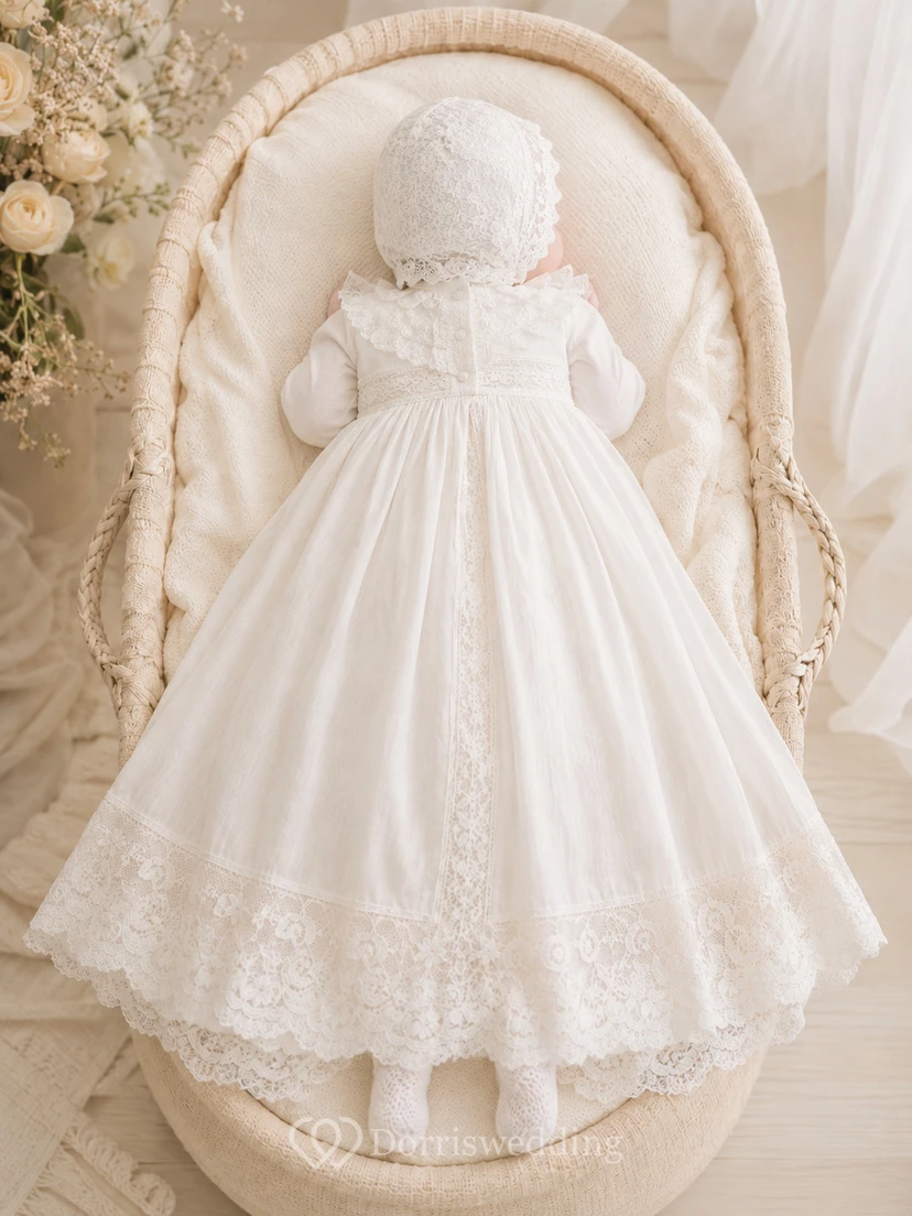 Vestido modesto para ceremonia de bautizo de bebé, corte en A, largo hasta los tobillos, cuello joya, manga larga, tul, encaje, espalda abotonada. view 2