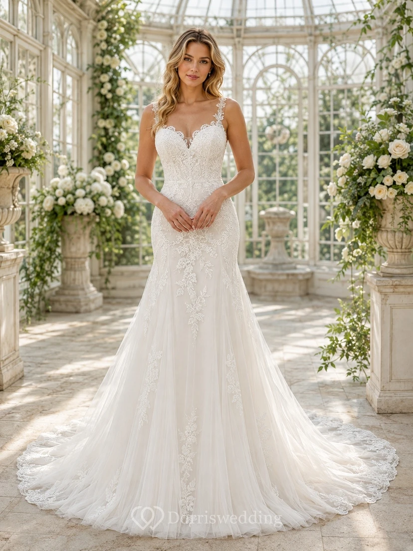 Vestido de novia de sirena con mangas cortas, encaje festoneado y cola de corte sirena.