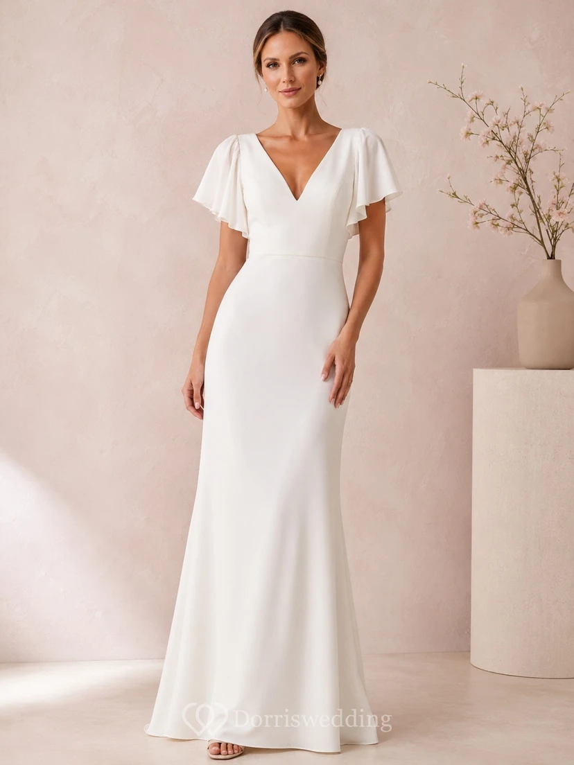 Weißes, schlichtes, bodenlanges Jersey-Abendkleid mit V-Ausschnitt, flatternden Ärmeln