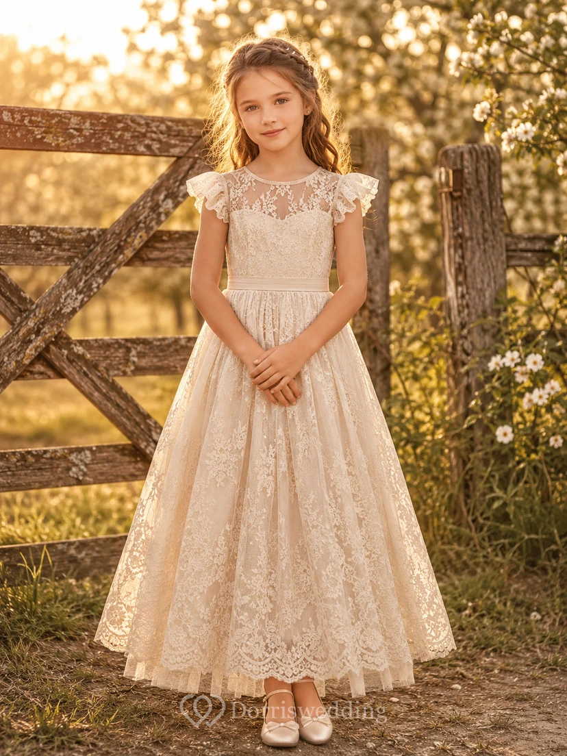 Spitzen-Tüllkleid mit Schleife am Rücken, A-Linien-Schnitt, kurzen Ärmeln, Rundhalsausschnitt und wadenlangem Rock für Blumenmädchen.