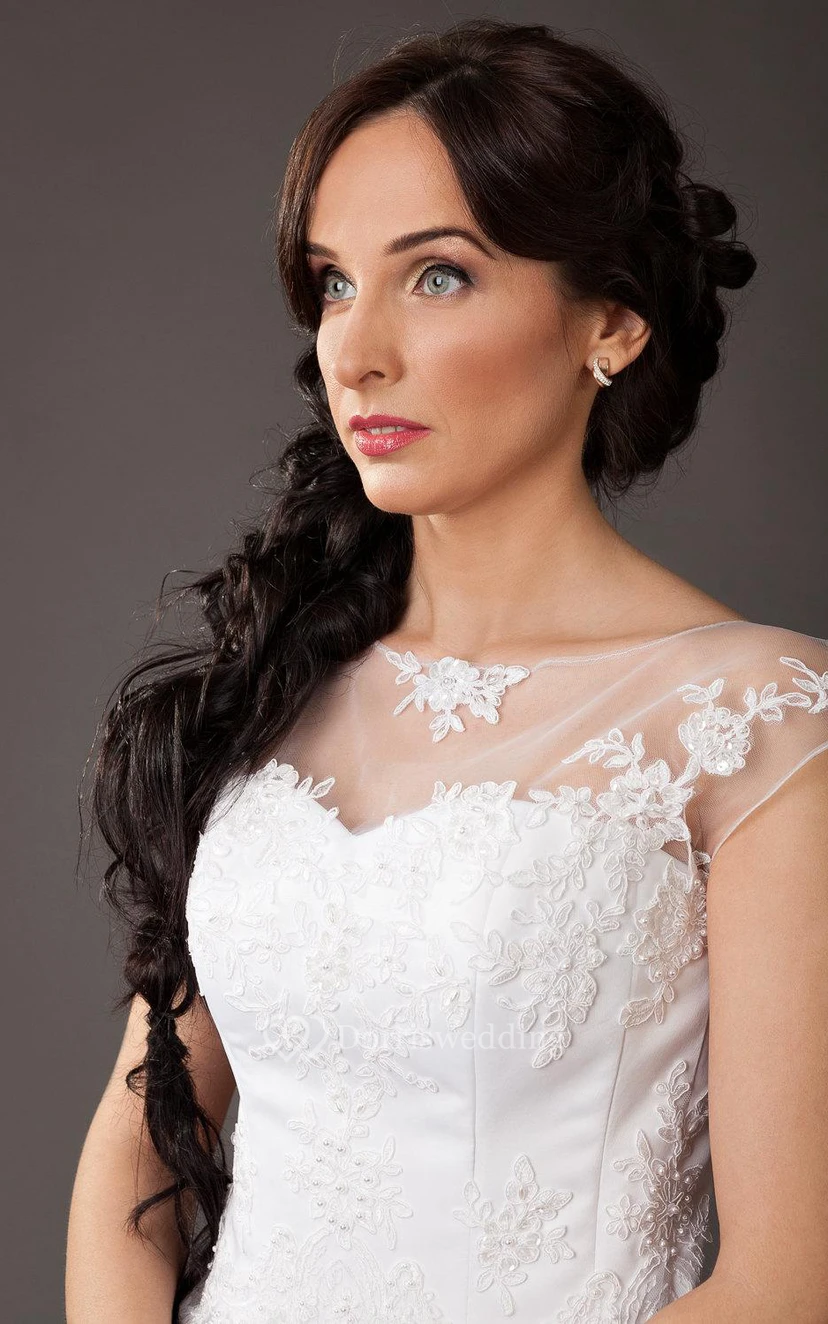 Cap Sleeve A-Line Tulle Ball Gown With Lace Bodice and Bateau Neck view 2
