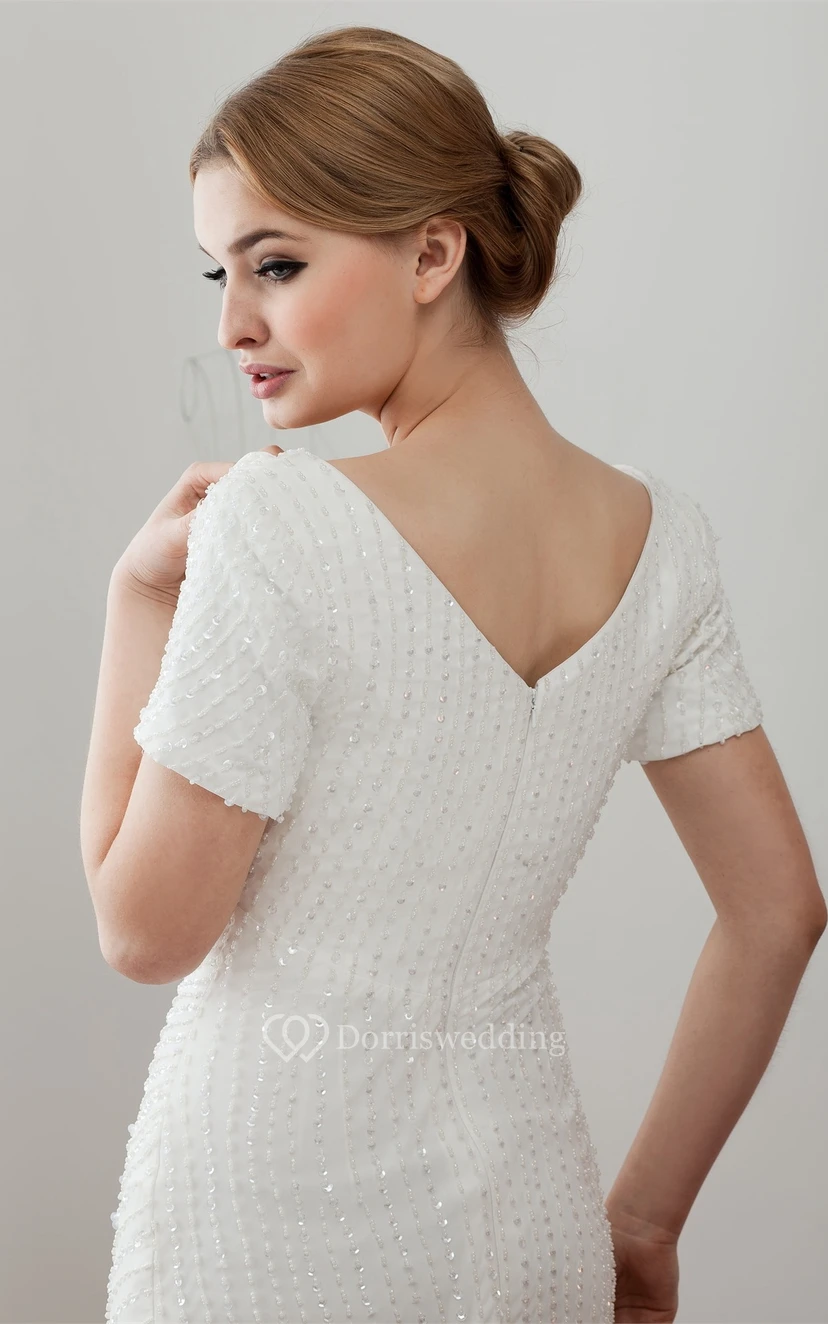 Mini-Sleeve Sheath V-Neck Sweep Train and Dress With Beading view 10