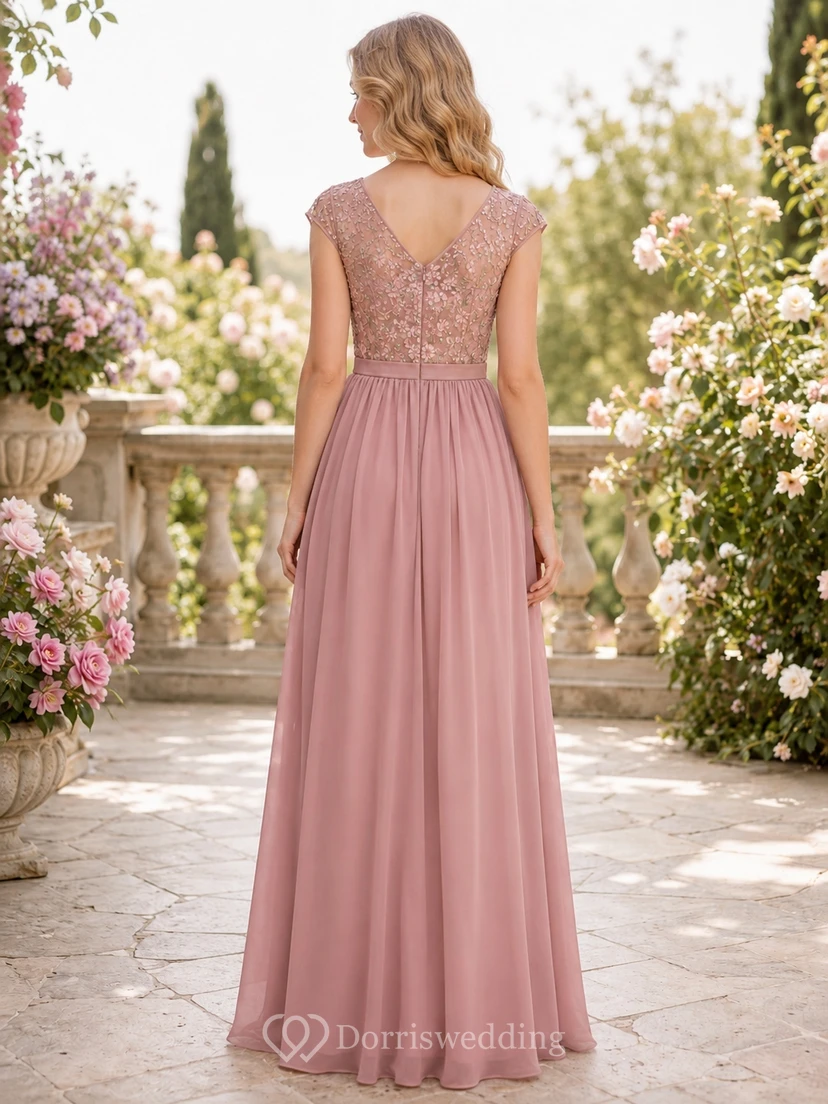 Brautjungfernkleid in Altrosa, A-Linie, kurze Ärmel mit Strasssteinen, Chiffon-Oberteil mit Stickerei, romantisch view 2