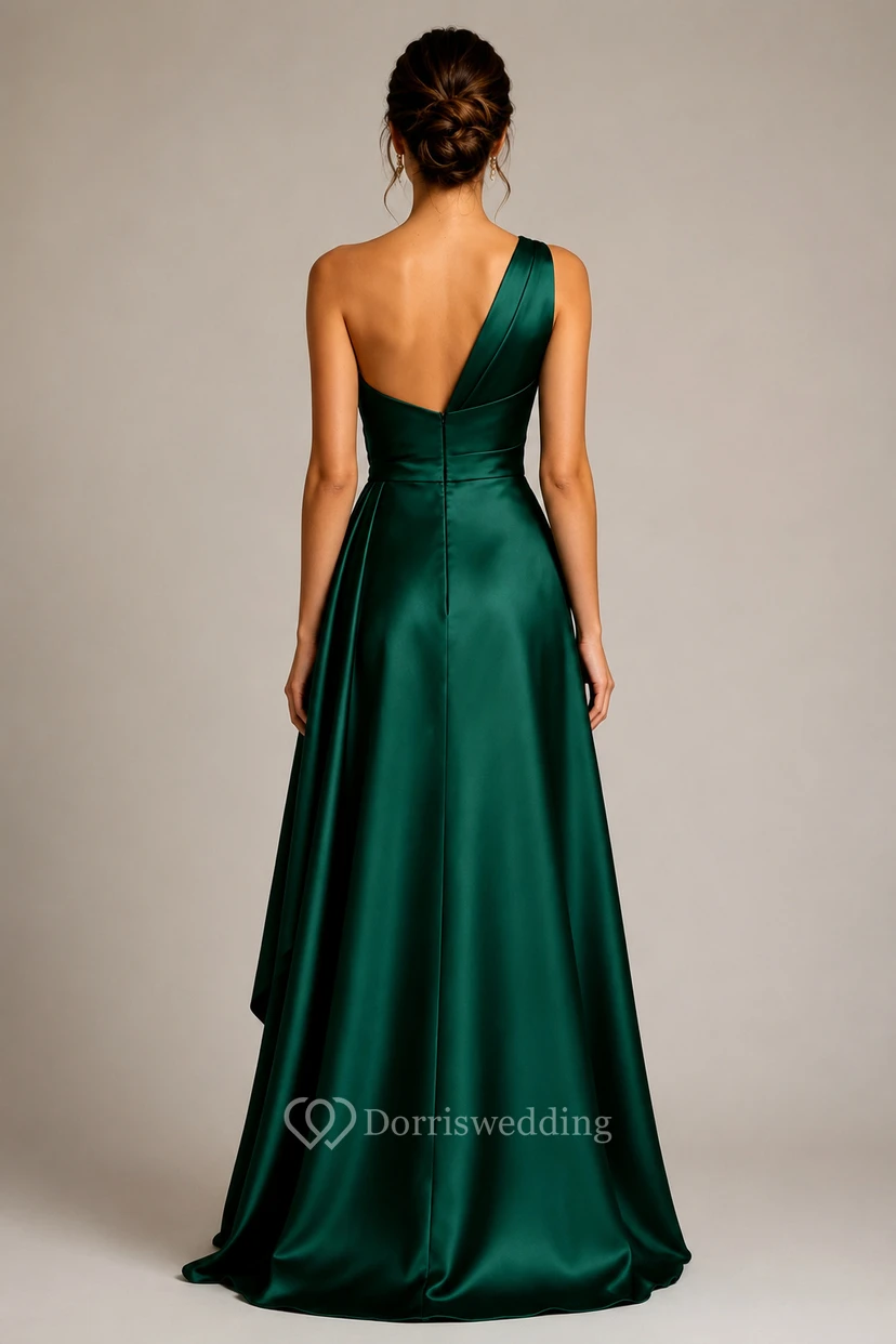 A-Linien-Abendkleid aus Satin mit einer Schulter und Raffungen view 2