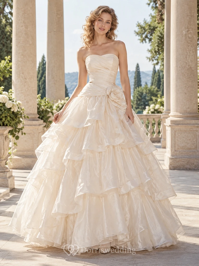 Robe de bal de mariée bustier froncé à volants en organza, années 1980