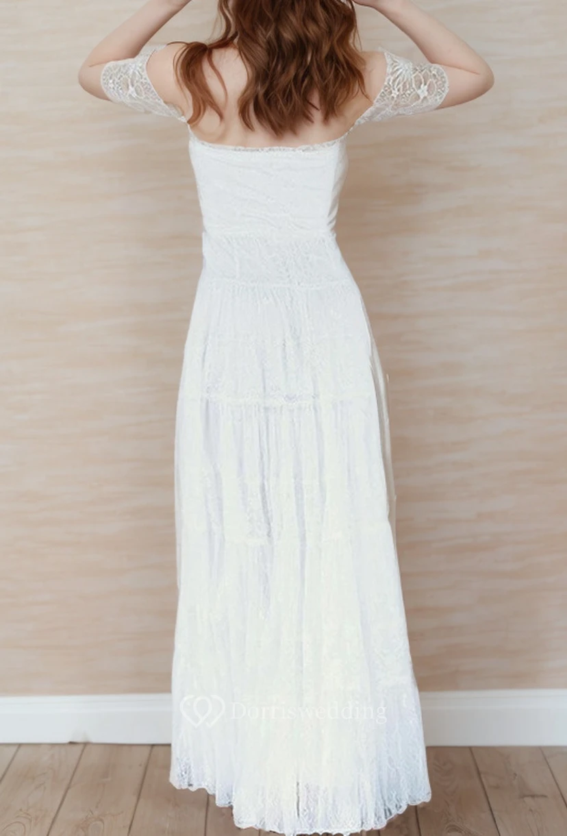 A-Linien-Brautkleid mit schulterfreiem Schnitt, kurzen Ärmeln und Spitze im Boho-Stil view 2