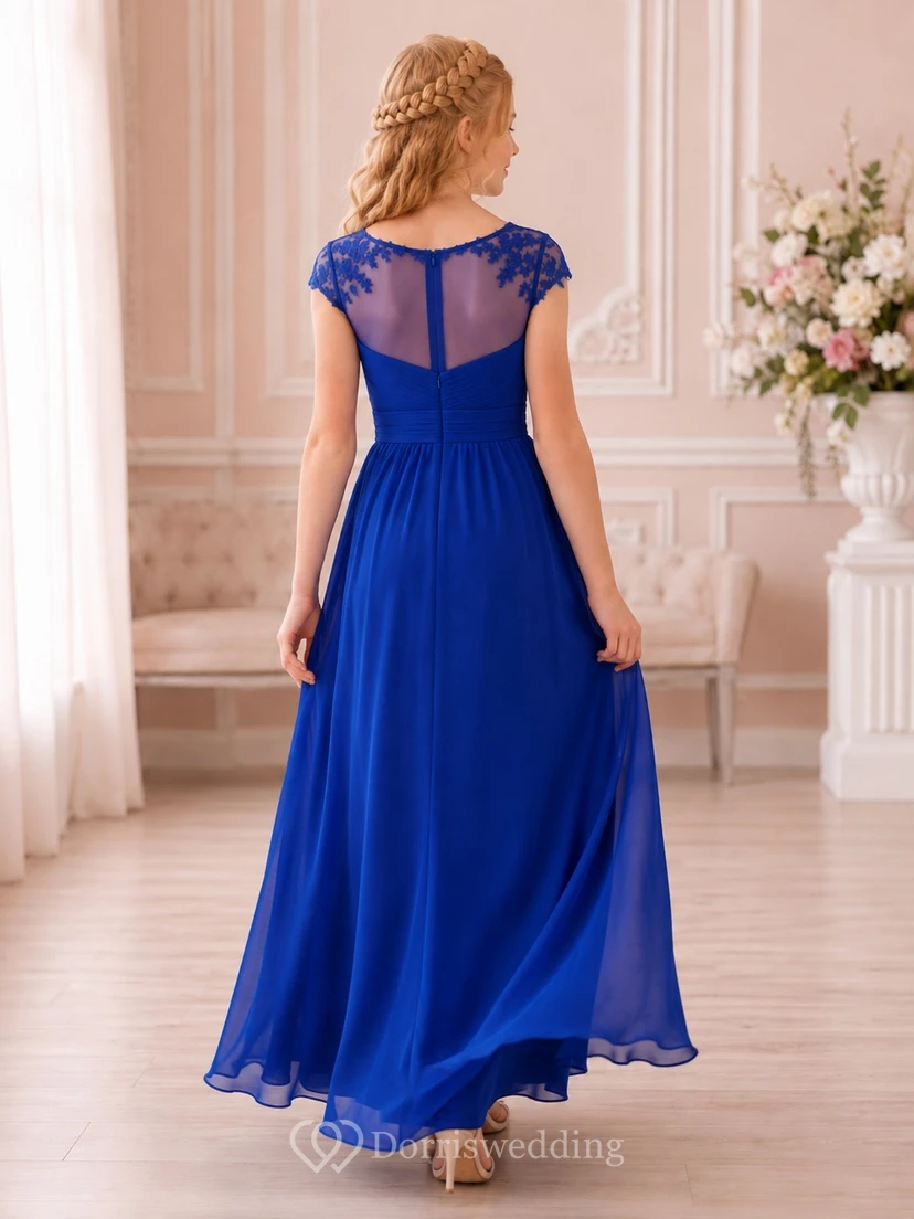 Königsblaues Brautjungfernkleid für junge Damen, A-Linie, bodenlang, mit kurzem, geschwungenem Saum und dekorativen Details, romantisch view 2