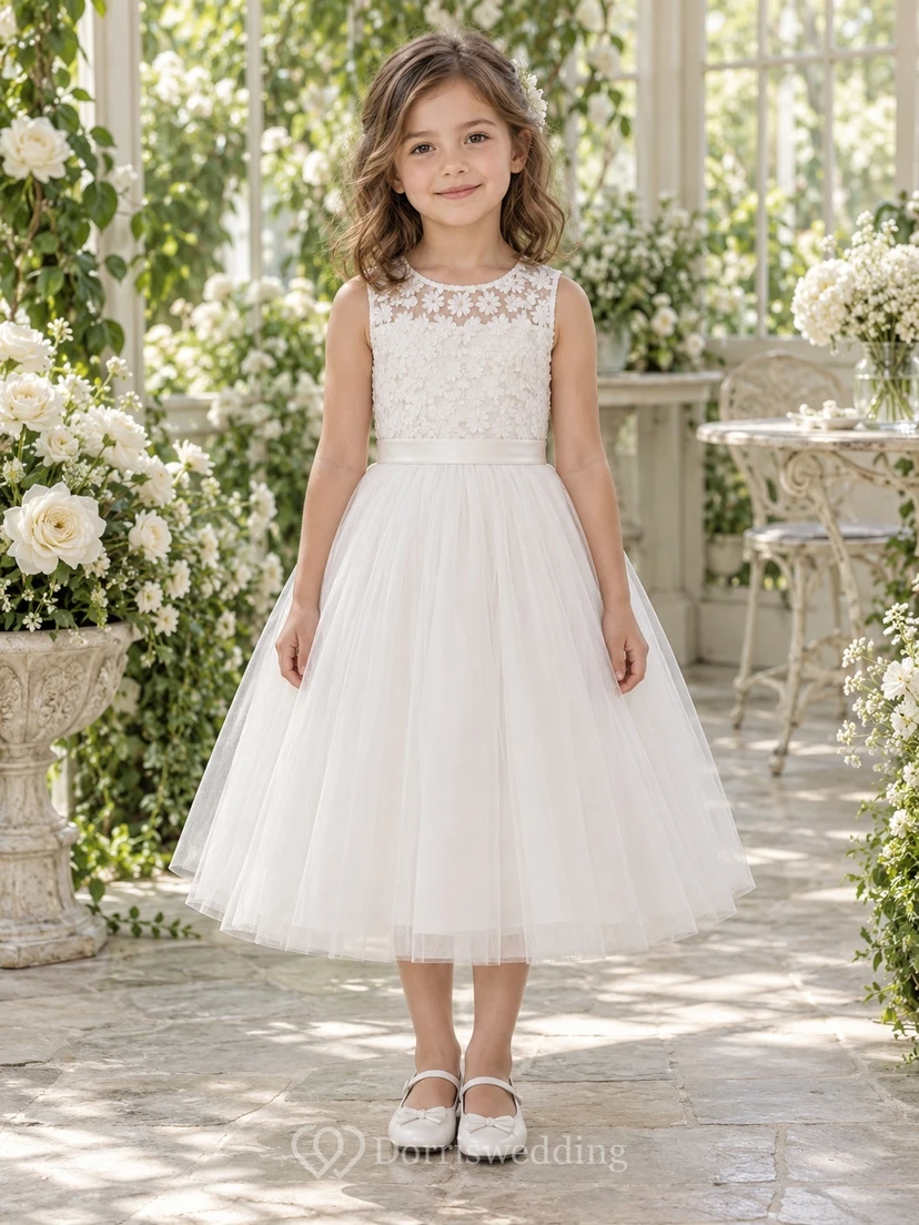 Vestido de niña de flores blanco de corte A con estampado floral, sin mangas, cuello joya y corpiño de encaje.