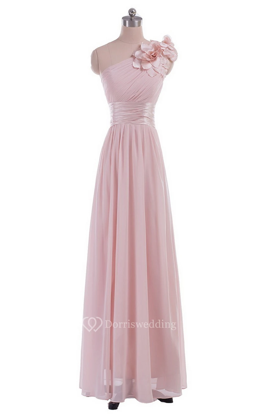 Einseitig schulterfreies Empire-Chiffonkleid mit Blume view 3