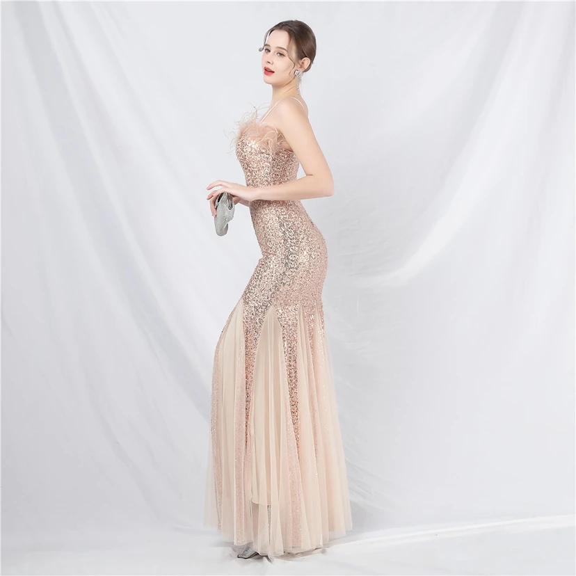 Craft Ostrich Feather Mesh Sequined Long Evening Dress view 49