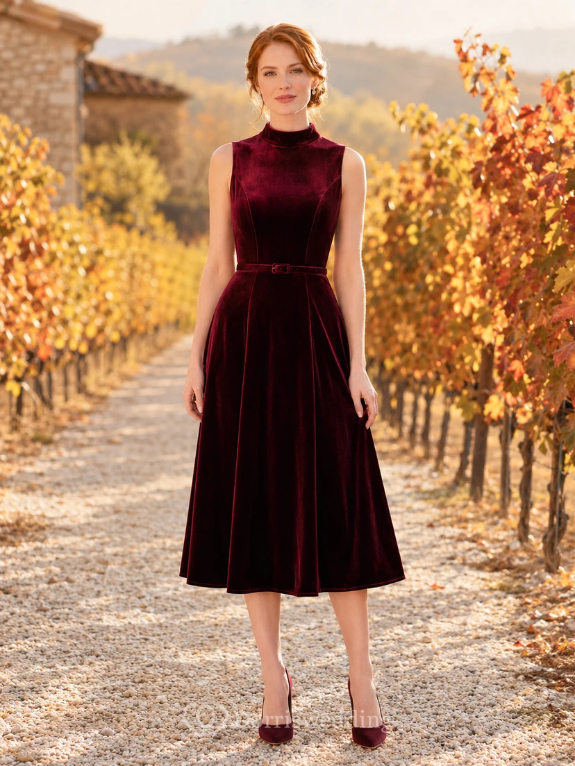Burgundy Sleeveless High Neck Velvet Fall Occasion Midi Dress