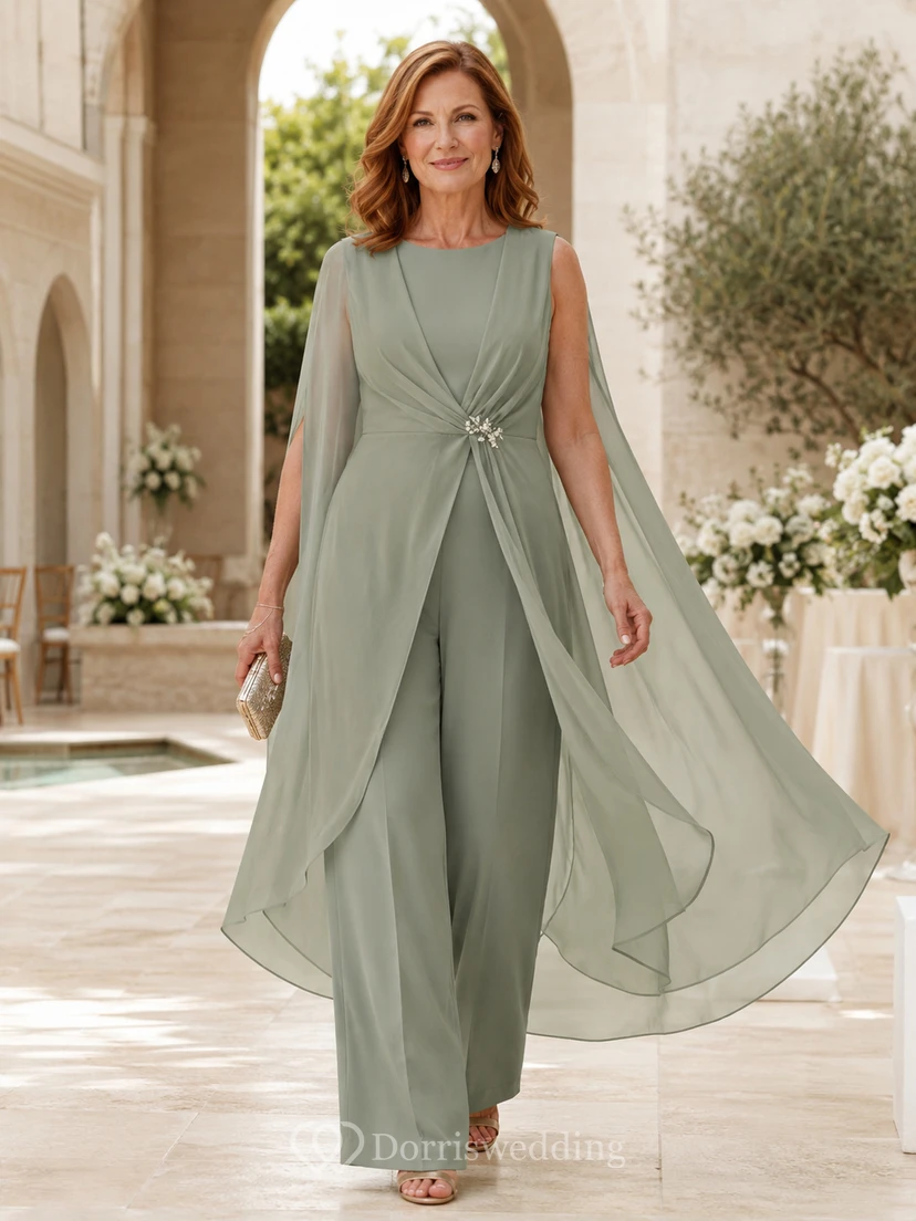 Salbeigrünes ärmelloses Chiffon-Cape-Hosenanzug-Set für die Mutter