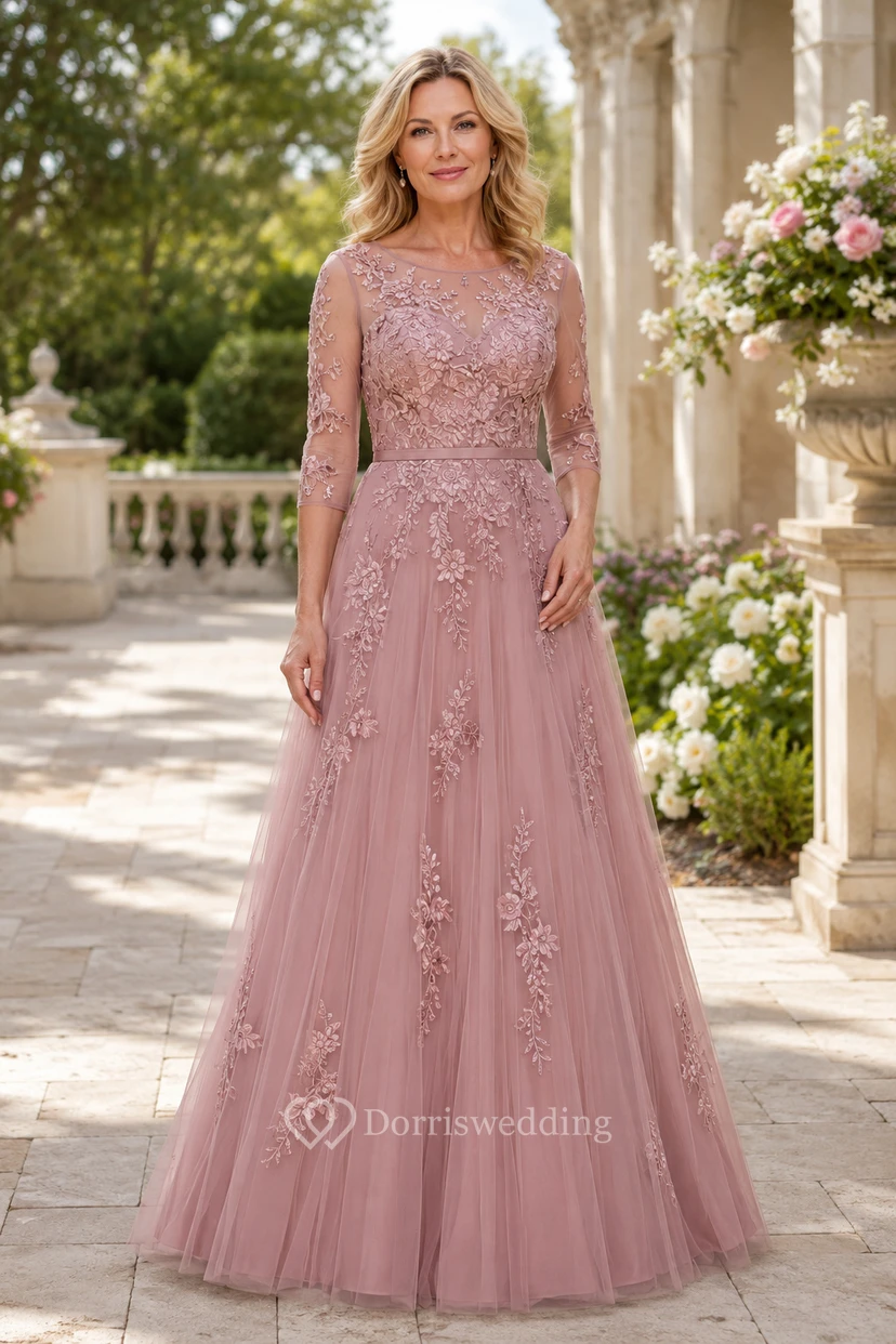Dusty Rose Tulle A-Line Mother Dress With Lace Sleeves