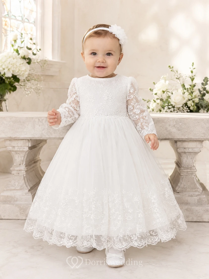 Vestido de bautizo blanco de encaje bebé con cuello joya, manga larga, corte en A y largo hasta los tobillos