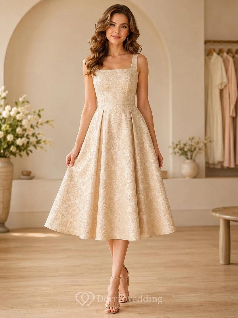 Champagne Square Neck Straps Sleeveless Satin A-Line Tea-Length Dress
