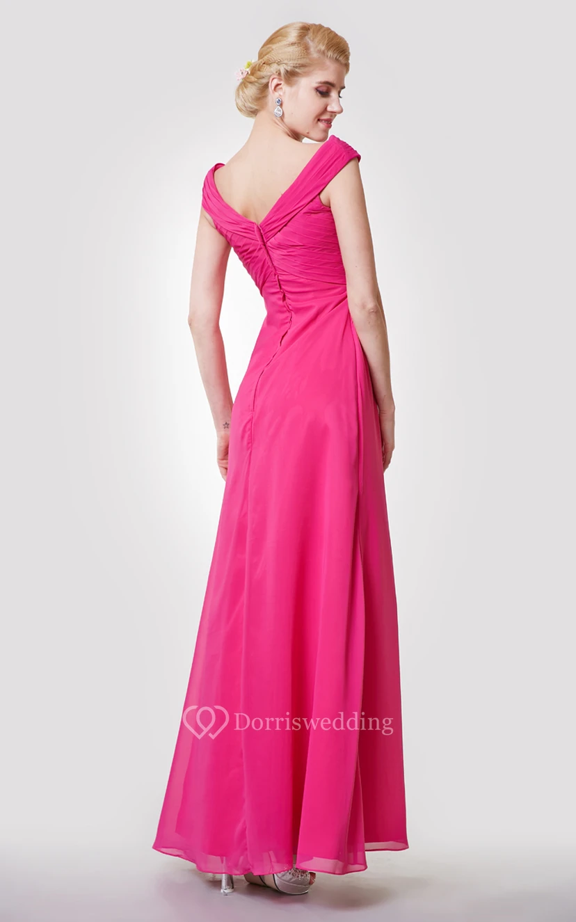 Classic V-neck Cap-sleeved A-line Chiffon Long Dress With Pleats view 2