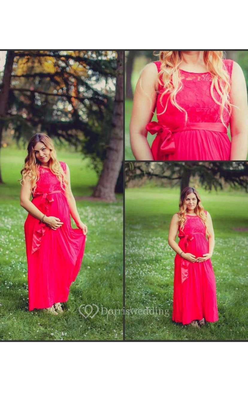 A-line Scoop Sleeveless Floor-length Chiffon Lace Dress view 2