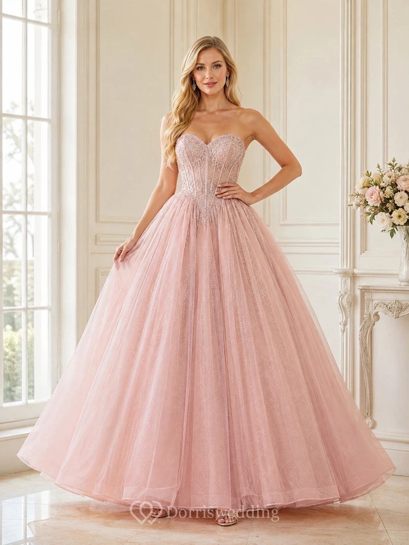 Pearl Pink Tulle Strapless Sweetheart Ball Gown Floor-Length Romantic Prom Dress