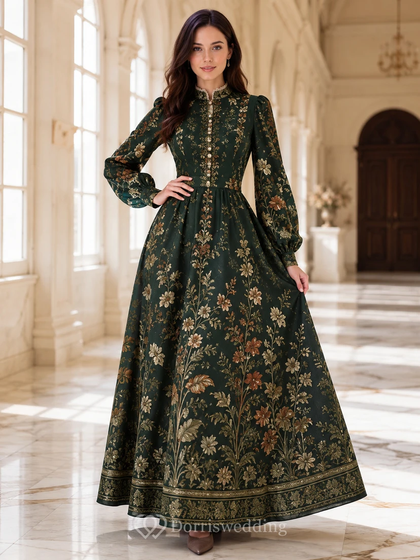Dark Green Victorian Botanical High Neck Long Sleeve Maxi Dress
